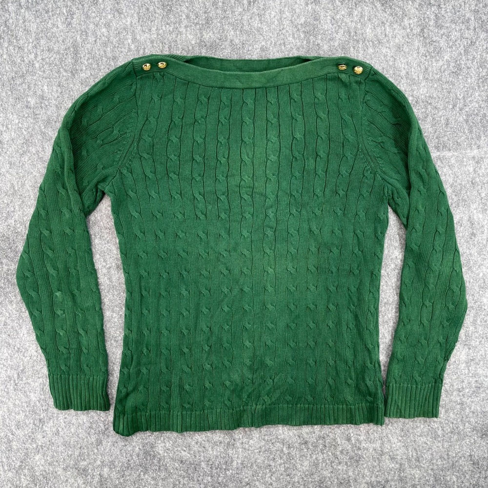 Lauren Ralph Lauren Sweater Extra Large Green Cable Knit Neck Gold Button LRL - Picture 1 of 16